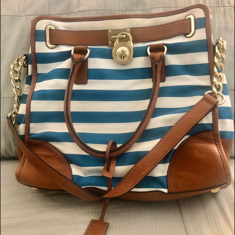 MK Large Tote Bag Blue/White w/Gold Accent